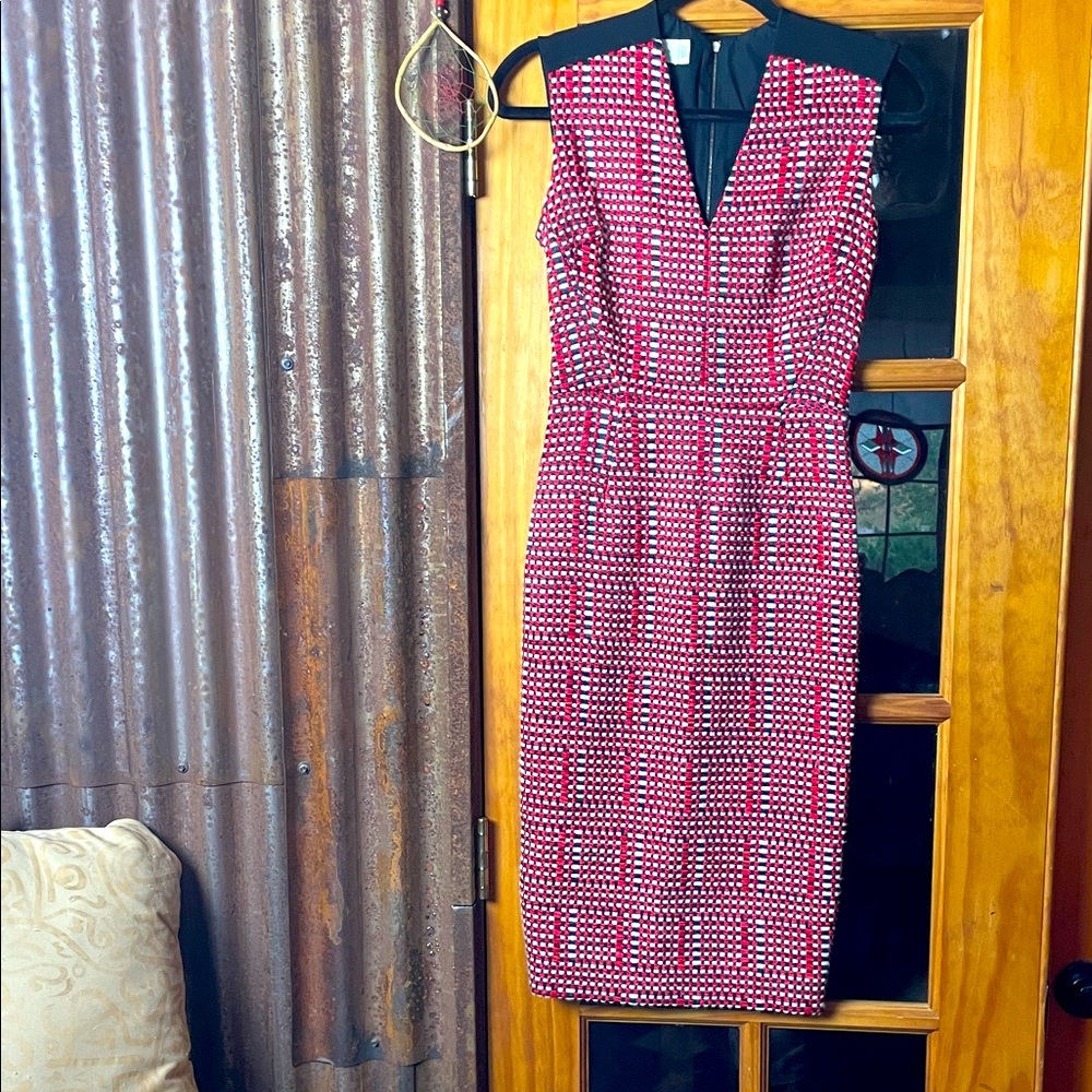 Victoria Beckham Red, Cream, and Gray Woven Midi Dress, Size 6